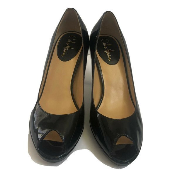 Cole Haan Womens Shoes Heels Black Size 9 Pumps Open Toe Patent Stiletto. - Picture 1 of 13